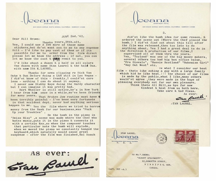 Stan Laurel Letter Signed With His Full Signature Stan Laurel -- Laurel Describes a Scene Cut From Swiss Miss: ...Re the bomb in the piano in Swiss Miss...